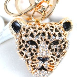 Gold Black Enamel Silver Rhinestone HOLLOWED Cheetah KEYCHAIN Charm